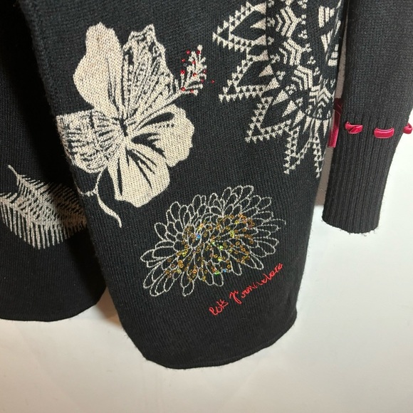 DESIGUAL Sz L Hibiscus Floral Sequin Sparkle Cascade Open Front Cardigan - Picture 4 of 12